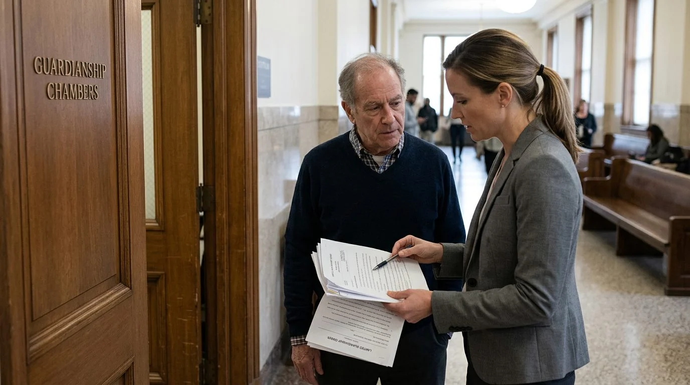 Attorney and client review guardianship documents in courthouse hallway.