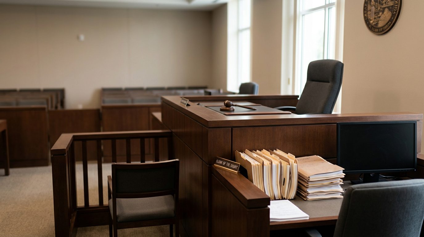 Courtroom with judge's bench, witness stand, and case files during a guardianship hearing.