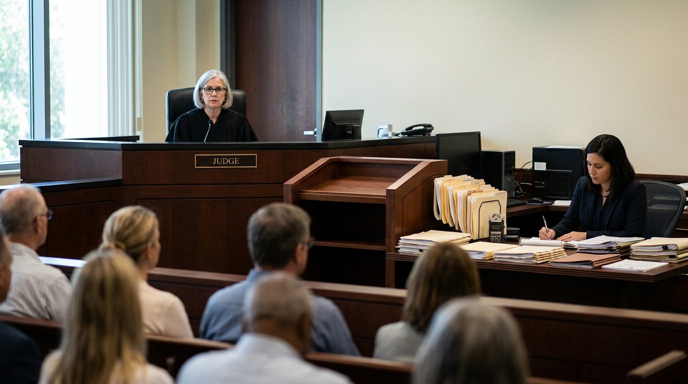 Courtroom with judge's bench, witness stand, and case files on clerk's desk.