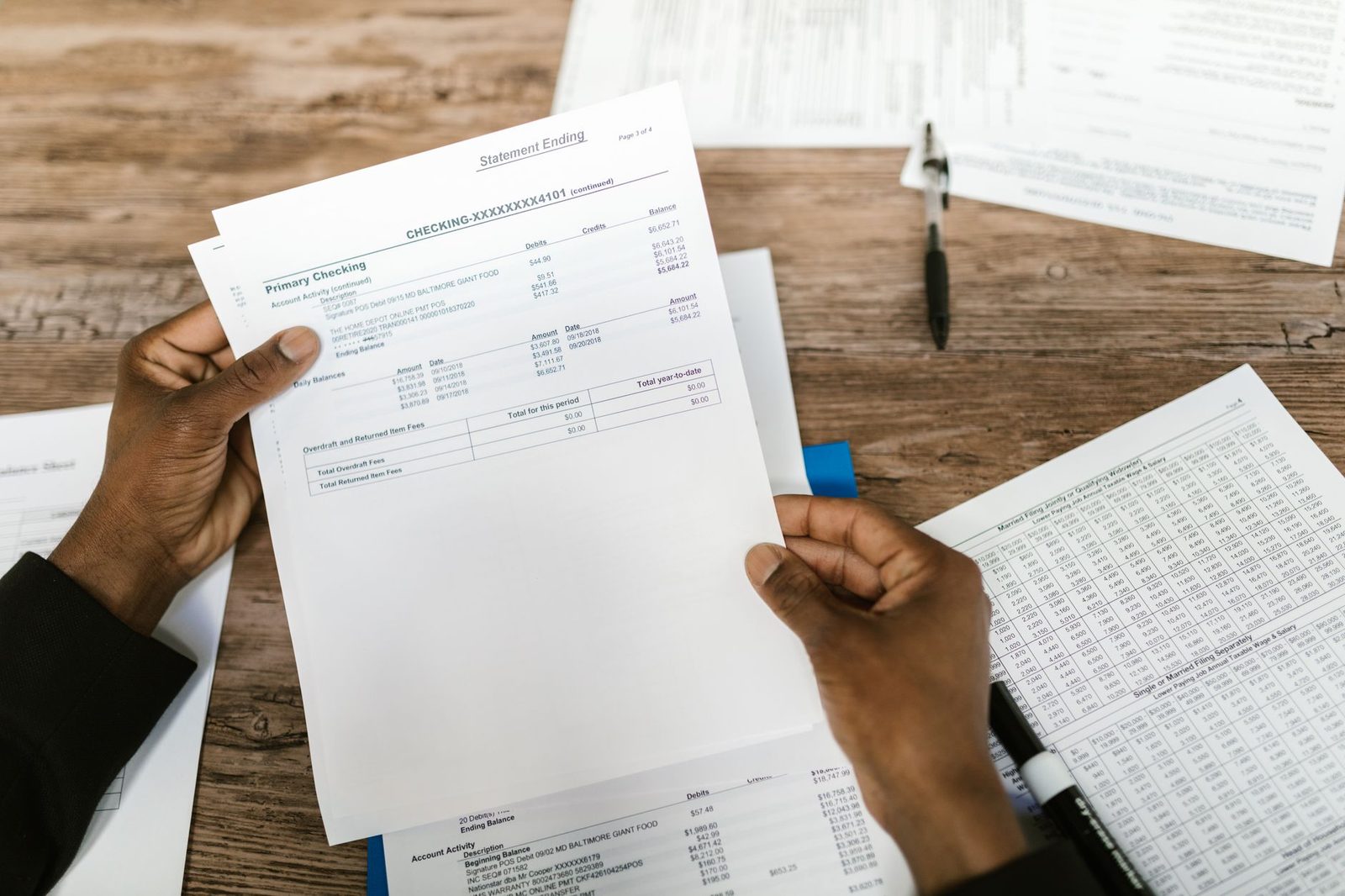Financial documents and papers being reviewed for accounting analysis.