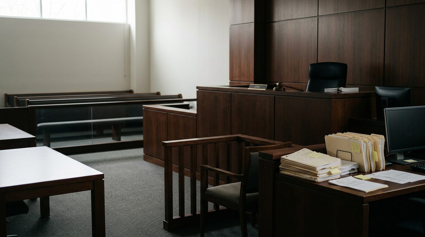 Florida courtroom with judge's bench, witness stand, and case files during a guardianship hearing.