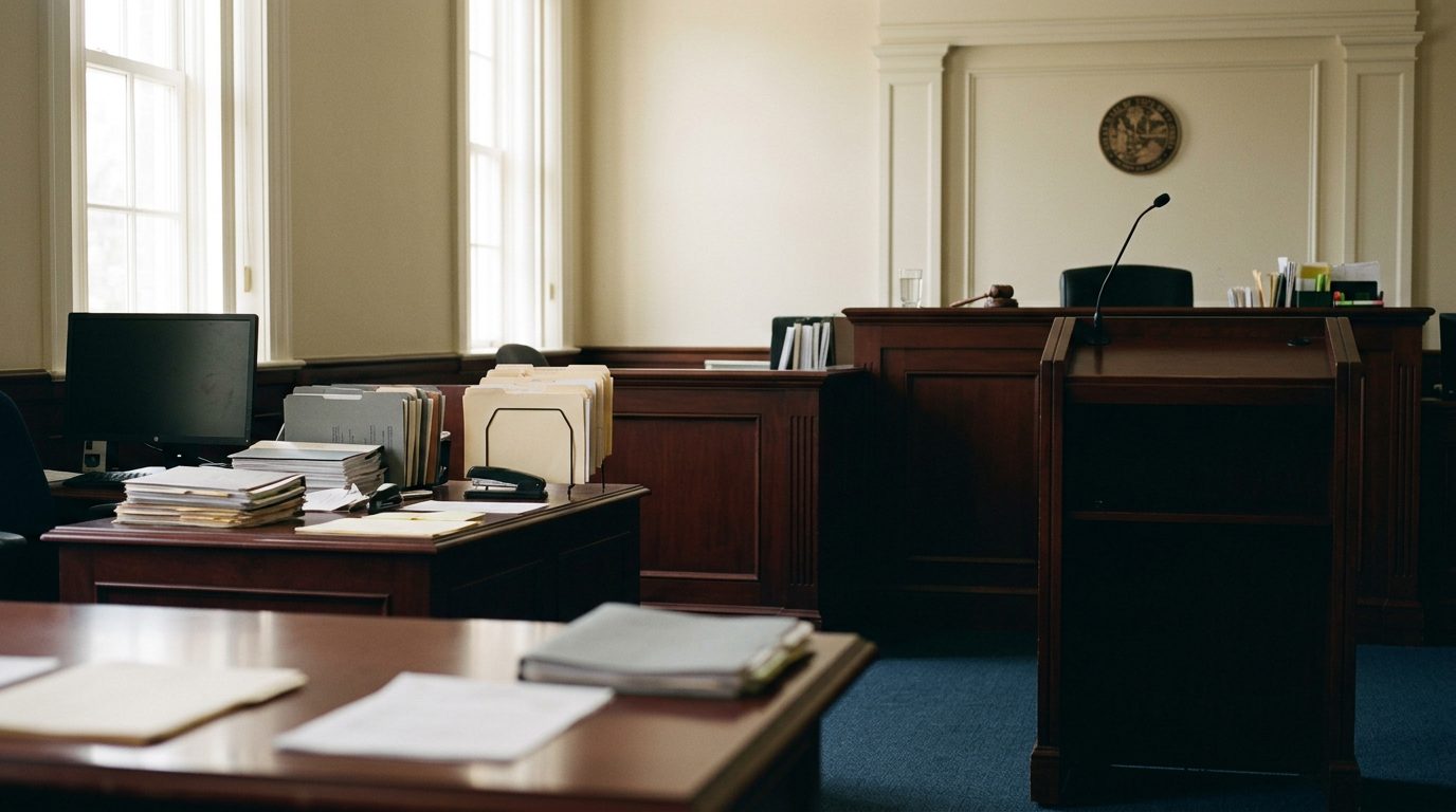 Florida courtroom with judge's bench, witness stand, and case files on clerk's desk.