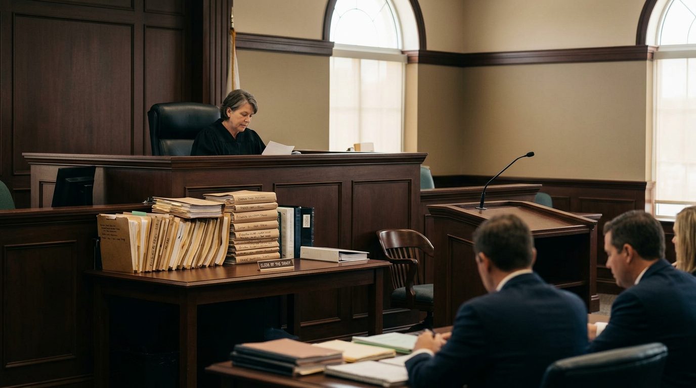 Florida courtroom with judge's bench, witness stand, and case files on clerk's desk.