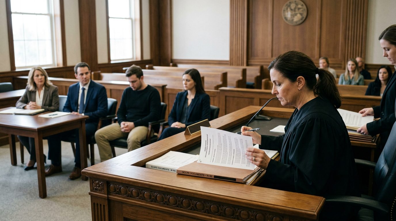 Judge presiding over limited guardianship hearing with defendant and legal counsel present in courtroom.