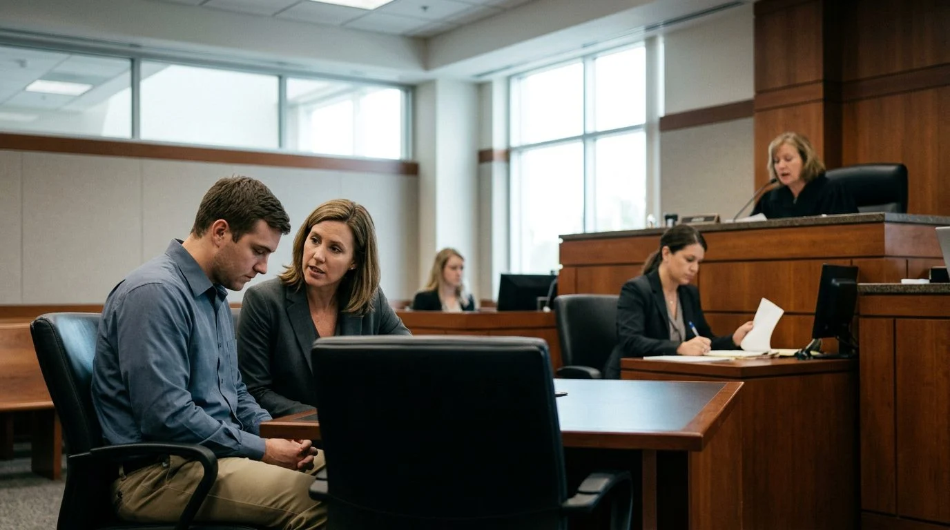 Judge presiding over Marchman Act emergency hearing with respondent and legal counsel present in courtroom.