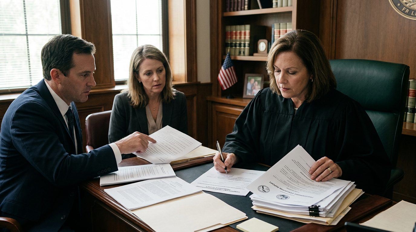 Judge reviewing emergency guardianship petition with psychiatric evaluation reports and temporary powers order.