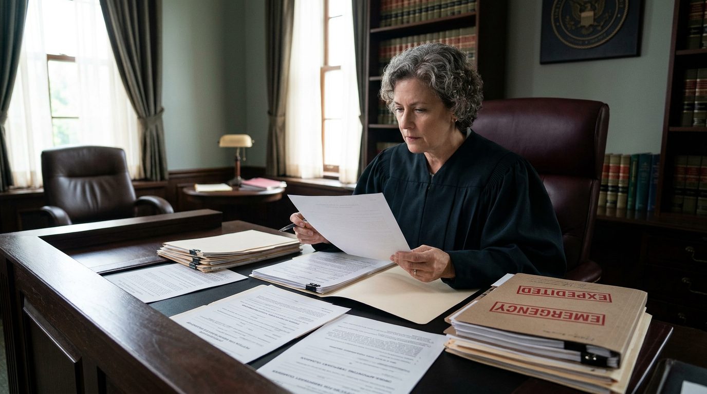 Judge reviewing emergency temporary guardianship petition documents in chambers.