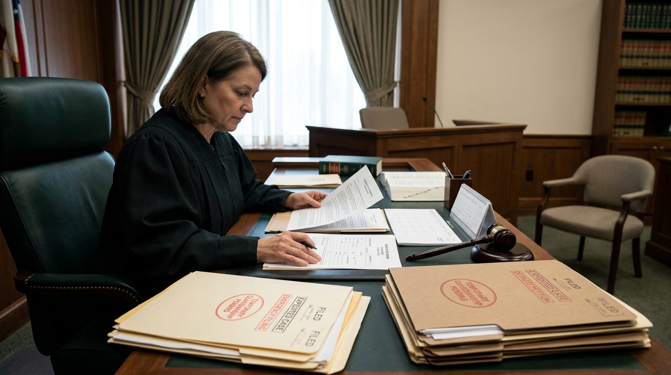 Judge reviewing emergency temporary guardianship petition in chambers with expedited case files.