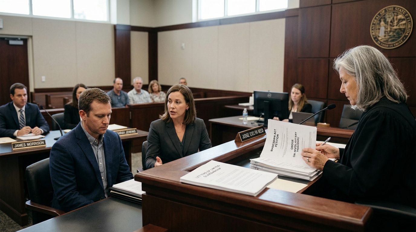 Judge reviewing guardianship documents during a limited guardianship hearing in a courtroom.