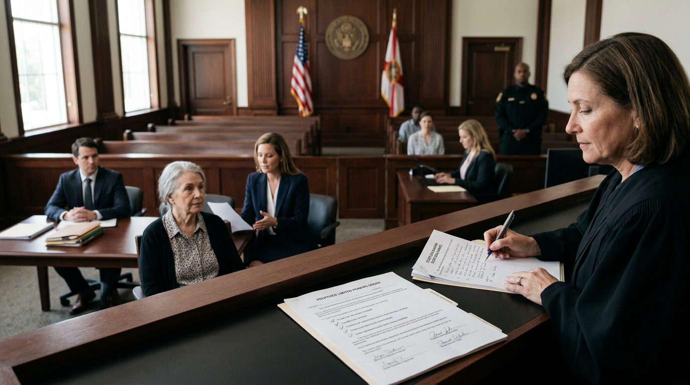 Judge reviewing guardianship scope documents during a limited guardianship hearing in courtroom.