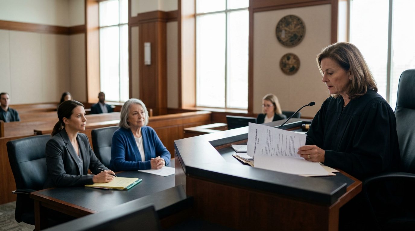 Judge reviewing guardianship scope documents with defendant and legal counsel in Florida courtroom.