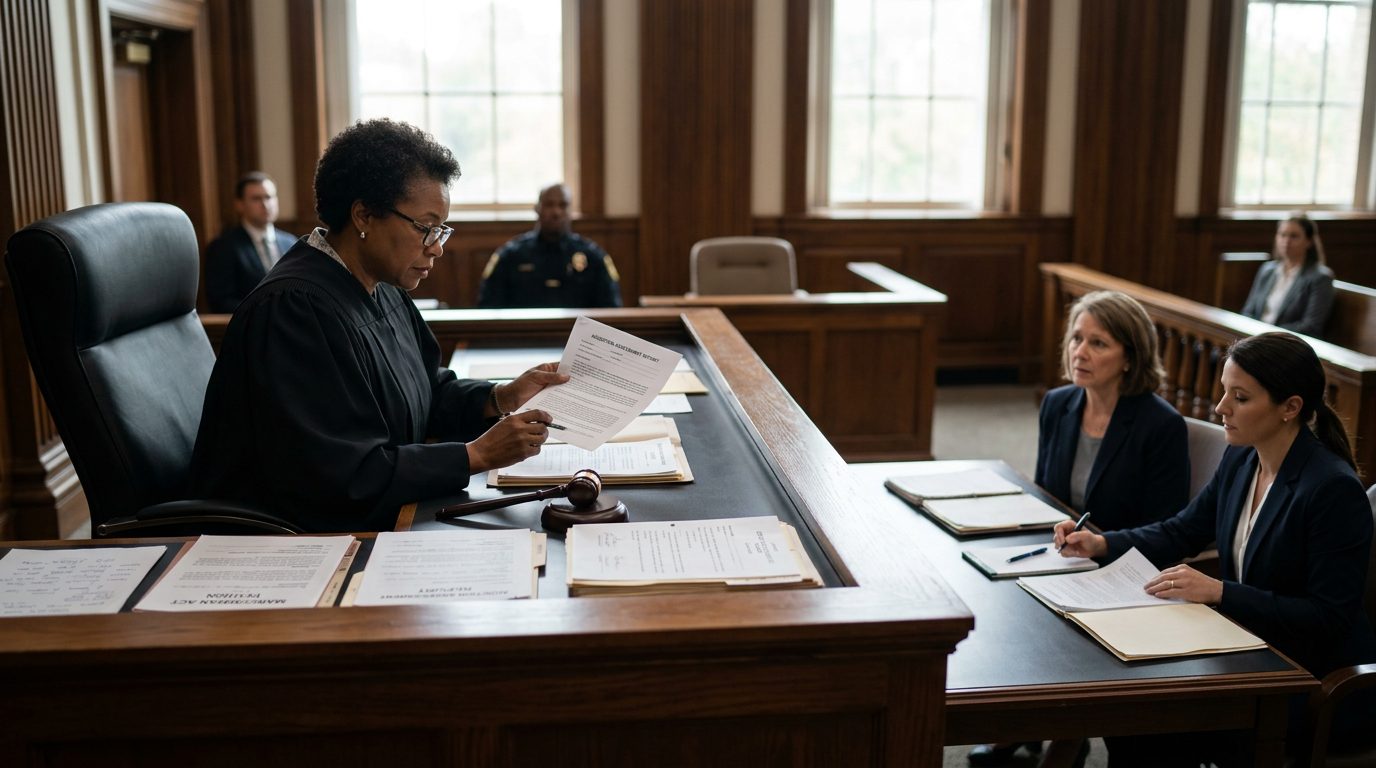 Judge reviewing involuntary commitment petition documents at a Marchman Act hearing in courtroom.