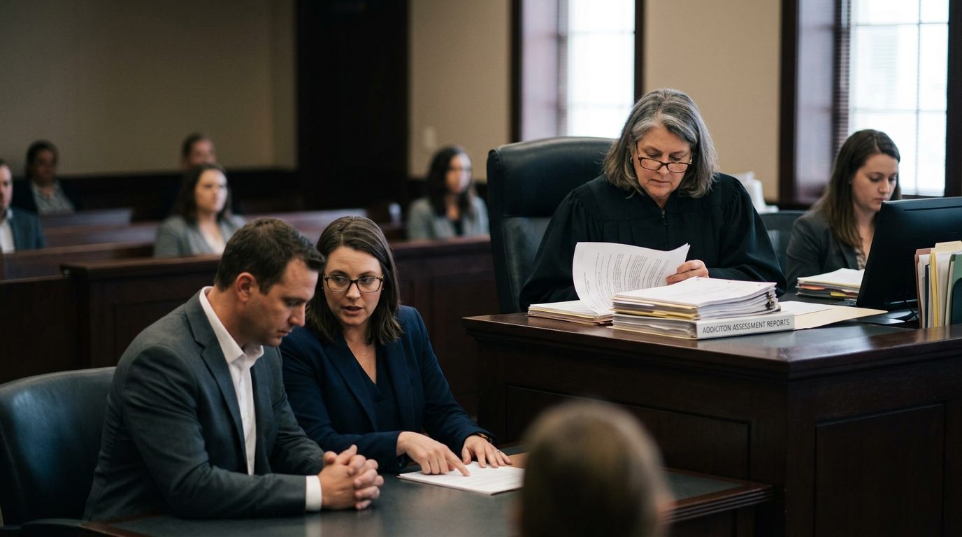 Judge reviewing involuntary commitment petition documents at courtroom bench during Marchman Act hearing.