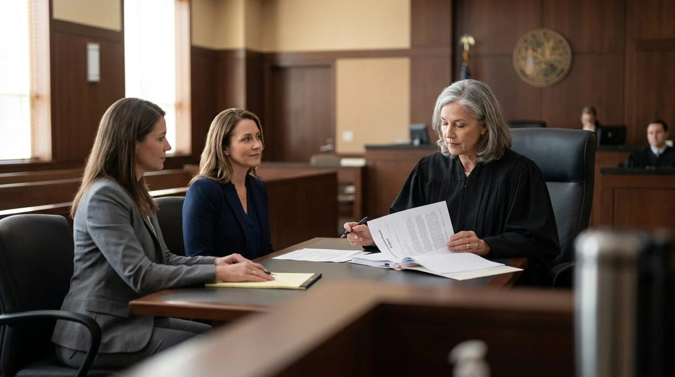 Judge reviewing involuntary commitment petition documents during a Marchman Act hearing in Florida courtroom.
