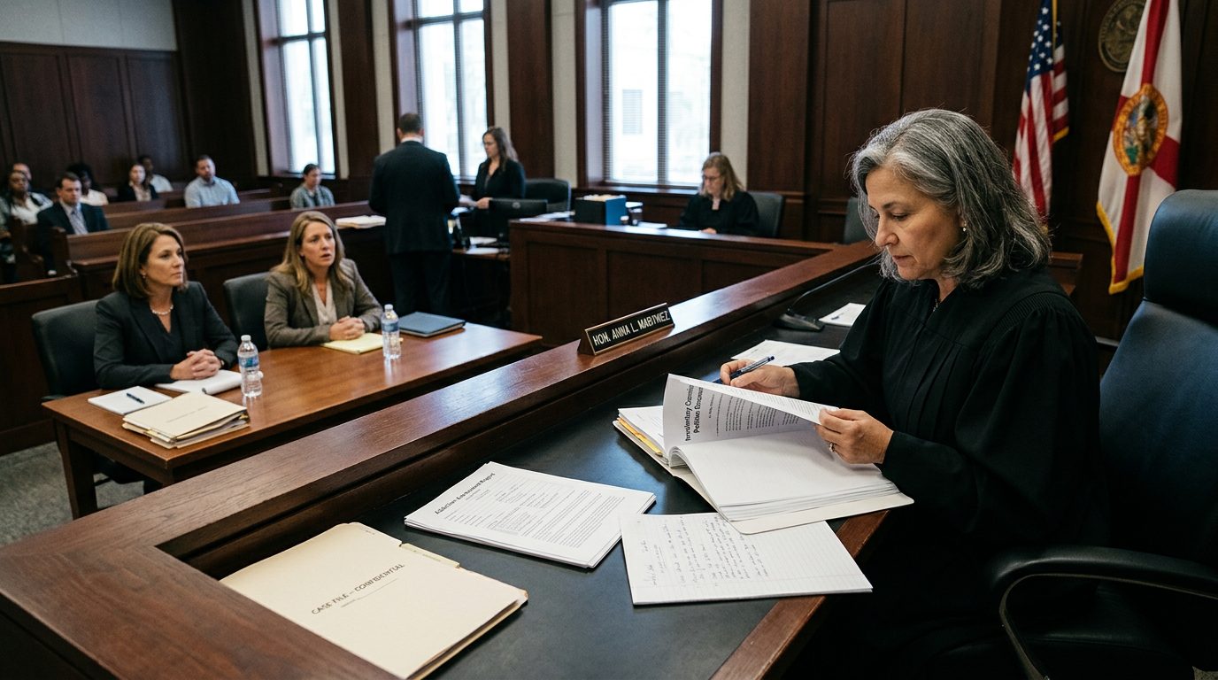 Judge reviewing involuntary commitment petition documents during a Marchman Act hearing in Florida courtroom.