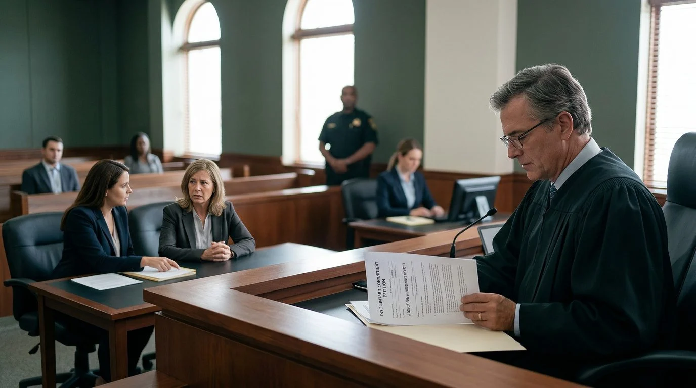 Judge reviewing involuntary commitment petition documents during a Marchman Act hearing in Florida courtroom.