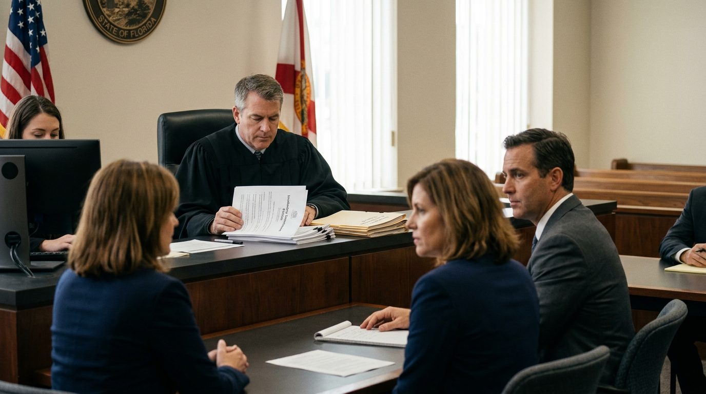 Judge reviewing involuntary commitment petition documents during a Marchman Act hearing in a Florida courtroom.