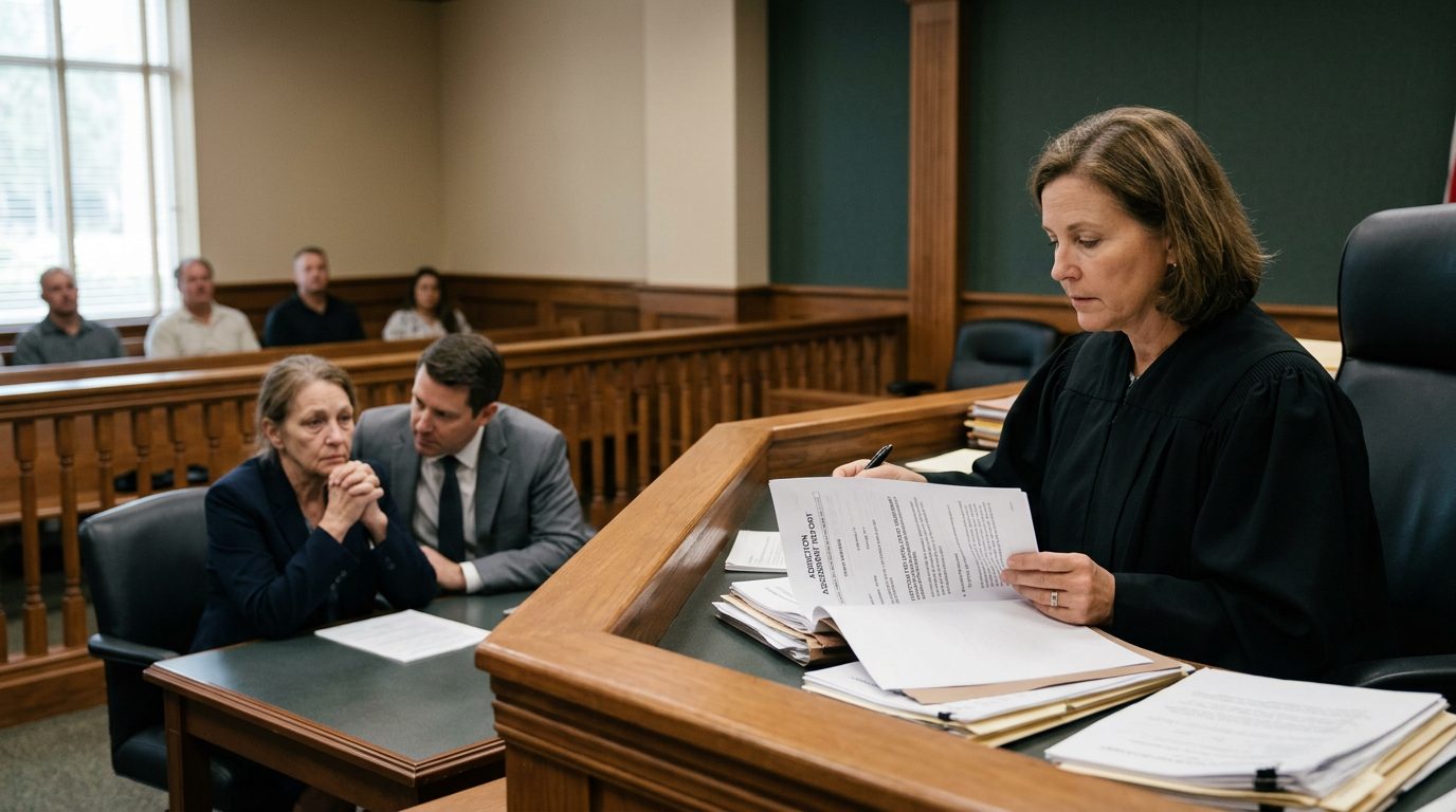 Judge reviewing involuntary commitment petition documents during Marchman Act hearing.