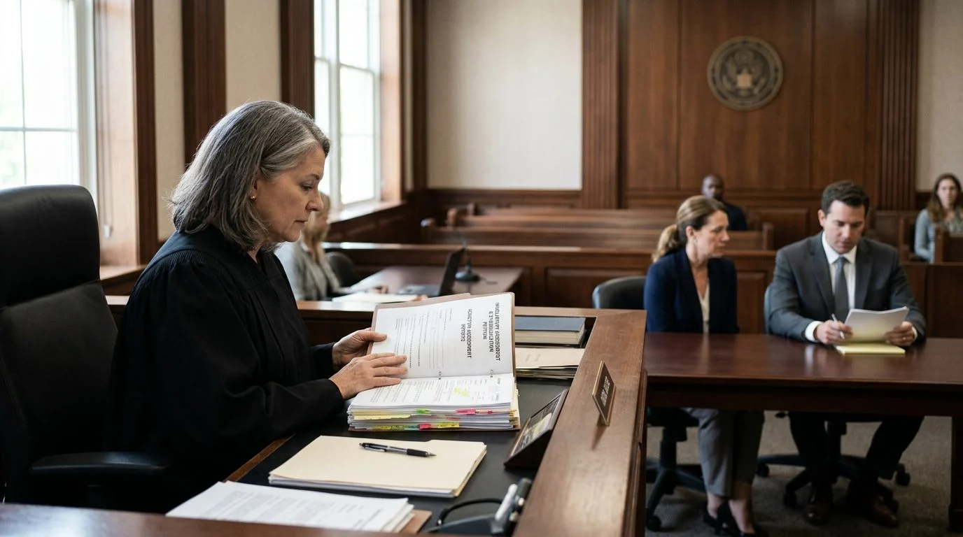 Judge reviewing involuntary commitment petition documents during a Marchman Act hearing in courtroom.