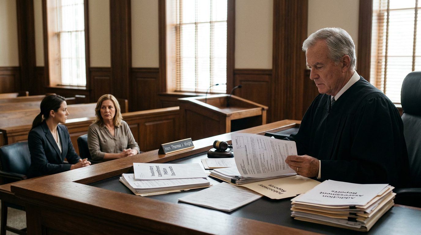 Judge reviewing involuntary commitment petition documents during a Marchman Act hearing in courtroom.