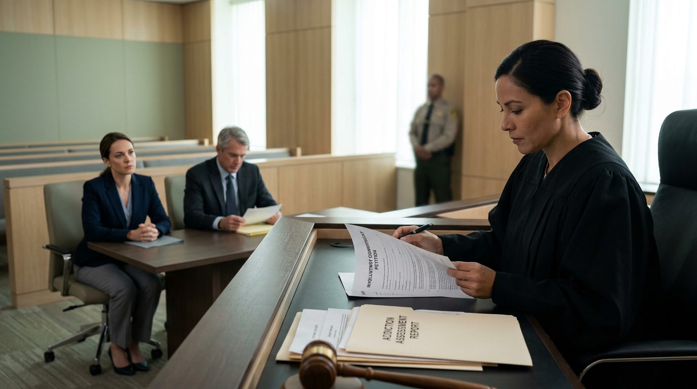 Judge reviewing involuntary commitment petition documents during a Marchman Act hearing in courtroom.