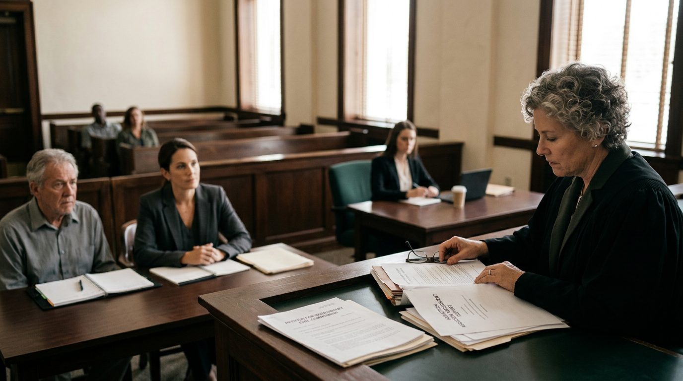 Judge reviewing involuntary commitment petition documents during a Marchman Act hearing in courtroom.