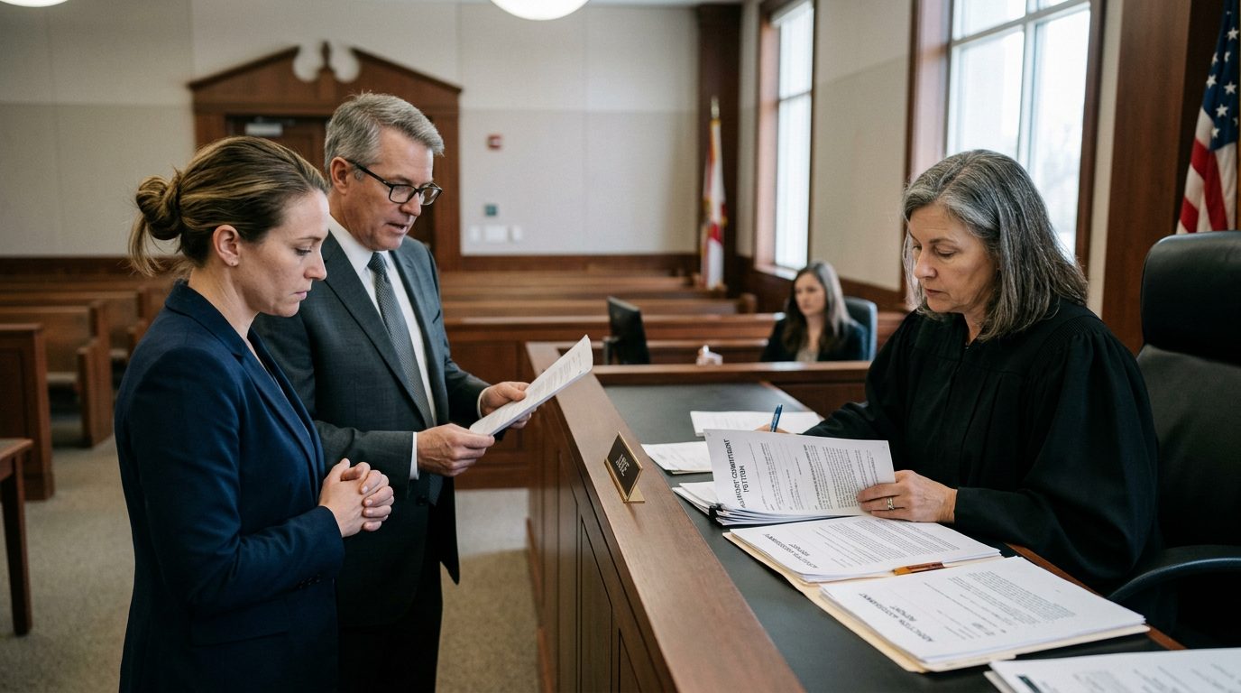 Judge reviewing involuntary commitment petition documents during a Marchman Act hearing in courtroom.