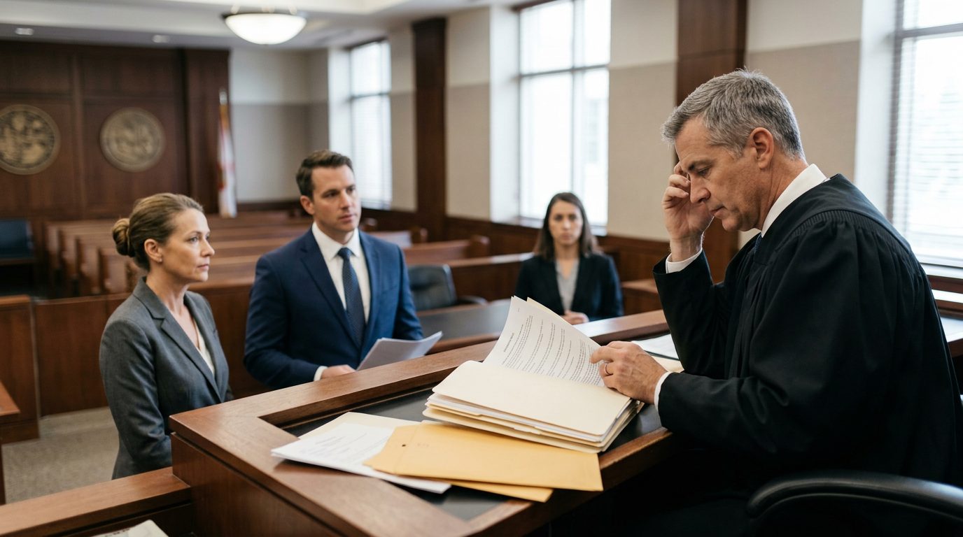 Judge reviewing involuntary commitment petition documents during a Marchman Act hearing in Florida courtroom.