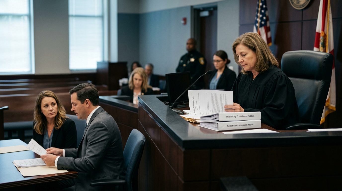 Judge reviewing involuntary commitment petition documents during a Marchman Act hearing in courtroom.