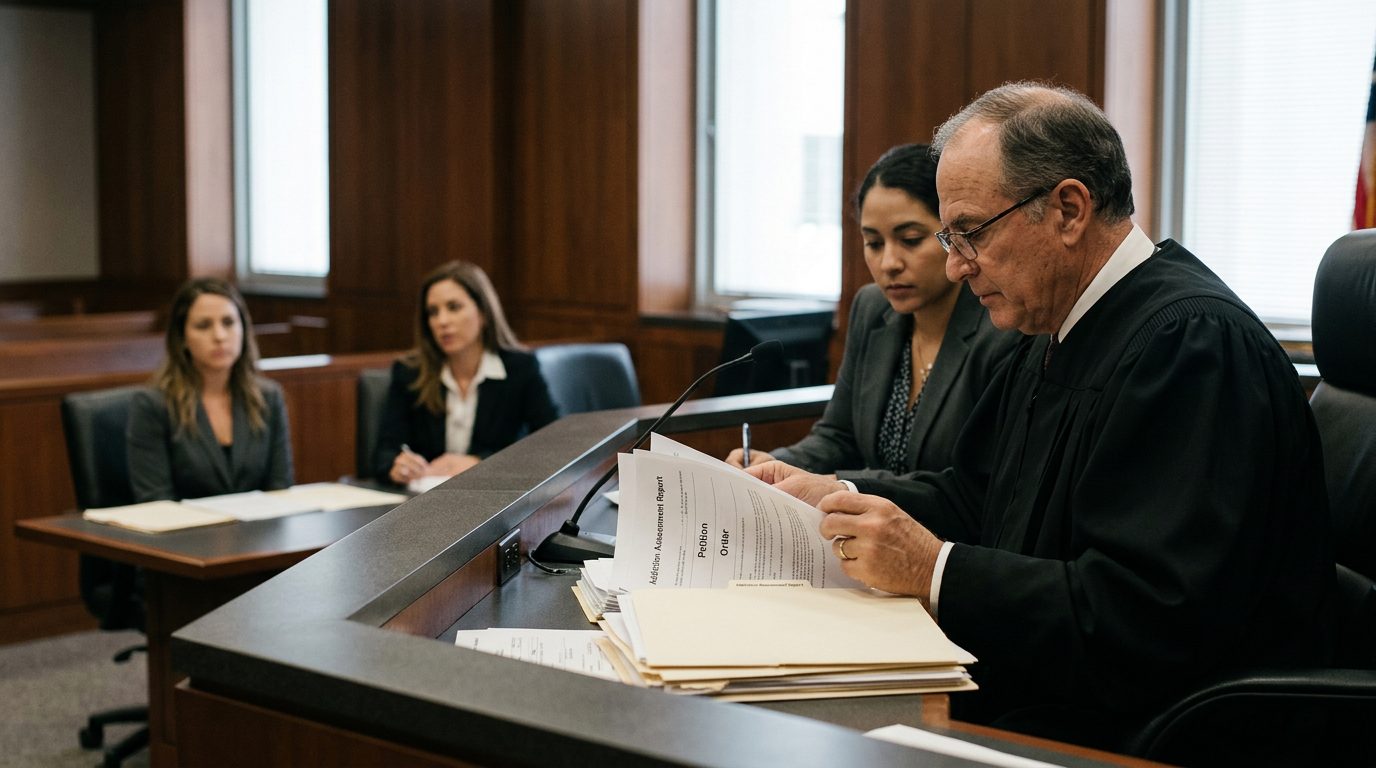 Judge reviewing involuntary commitment petition documents during a Marchman Act hearing in courtroom.
