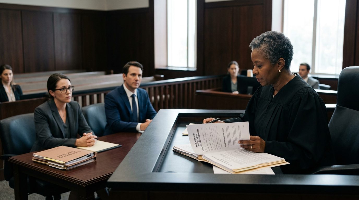 Judge reviewing involuntary commitment petition documents during a Marchman Act hearing in courtroom.