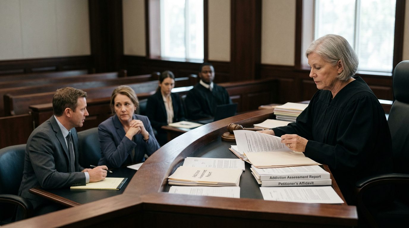 Judge reviewing involuntary commitment petition documents during Marchman Act hearing in courtroom.