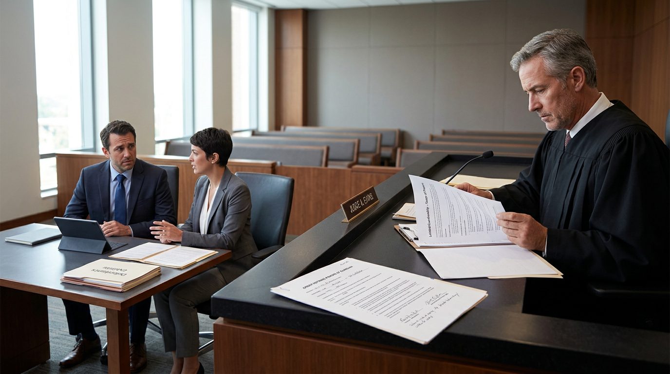 Judge reviewing legal documents during a Marchman Act guardianship hearing in courtroom.