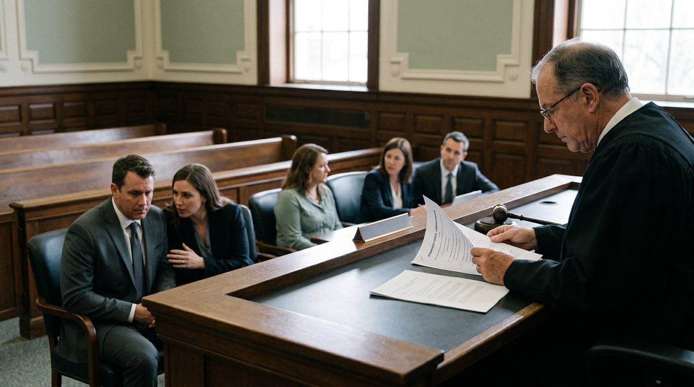 Judge reviewing limited guardianship documents during a hearing with defendant and legal counsel present.