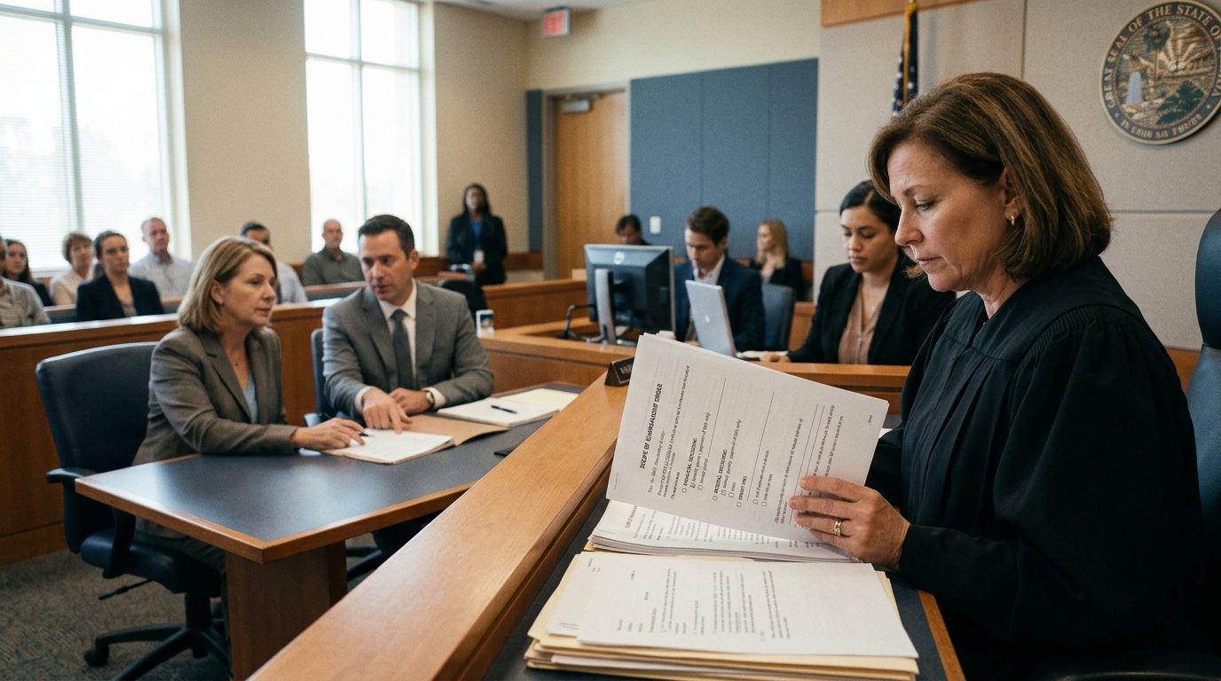 Judge reviewing limited guardianship hearing documents with defendant and legal counsel present in courtroom.