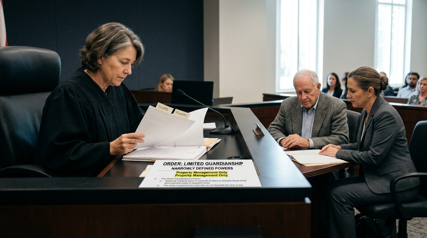 Judge reviewing limited guardianship petition documents in Florida courtroom with defendant and legal counsel present.