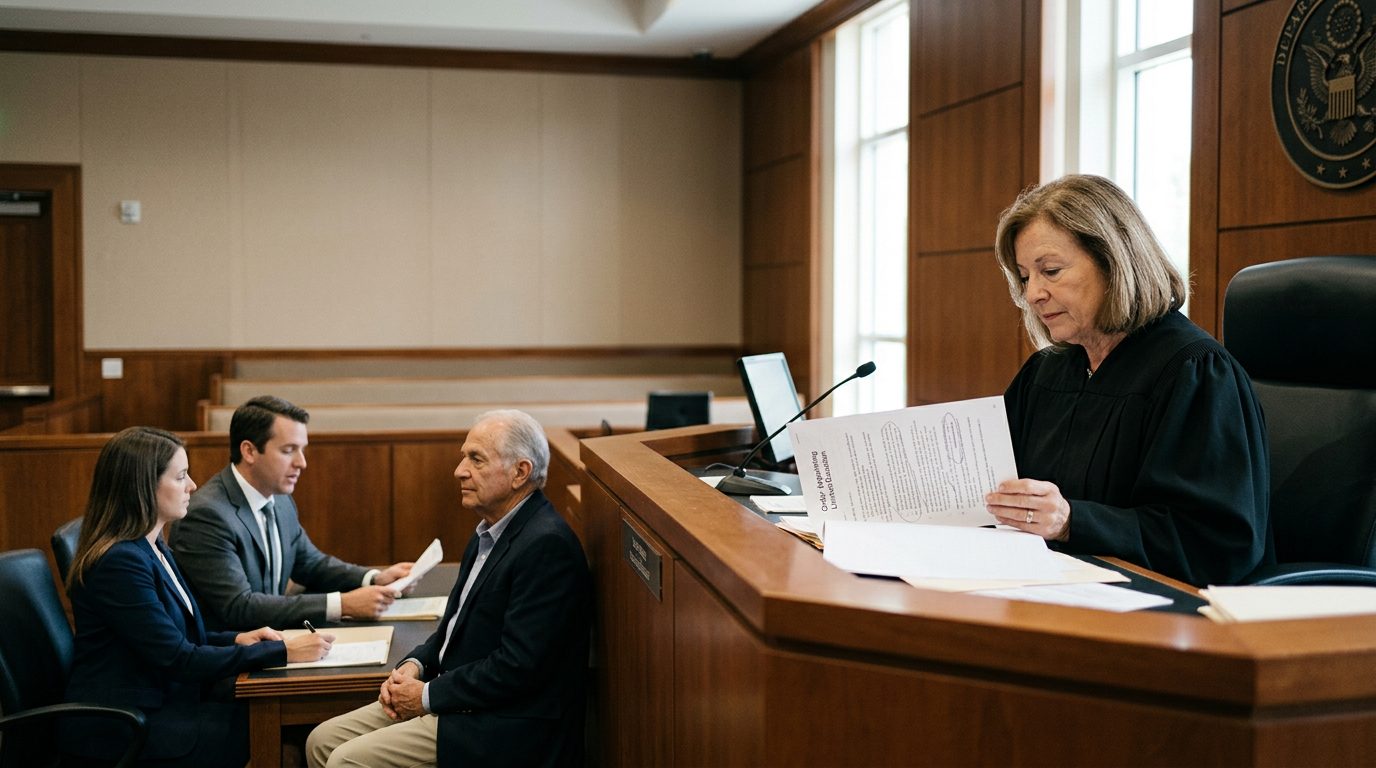 Judge reviewing limited guardianship scope documents at courtroom bench with defendant and legal counsel present.
