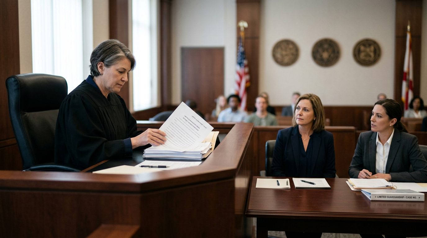 Judge reviewing limited guardianship scope documents at courtroom bench with defendant and legal counsel present.