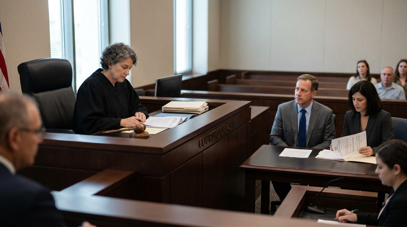 Judge reviewing limited guardianship scope documents at courtroom bench with defendant and legal counsel present.