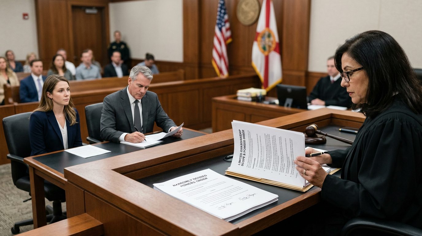 Judge reviewing limited guardianship scope documents at courtroom bench with defendant and legal counsel present.