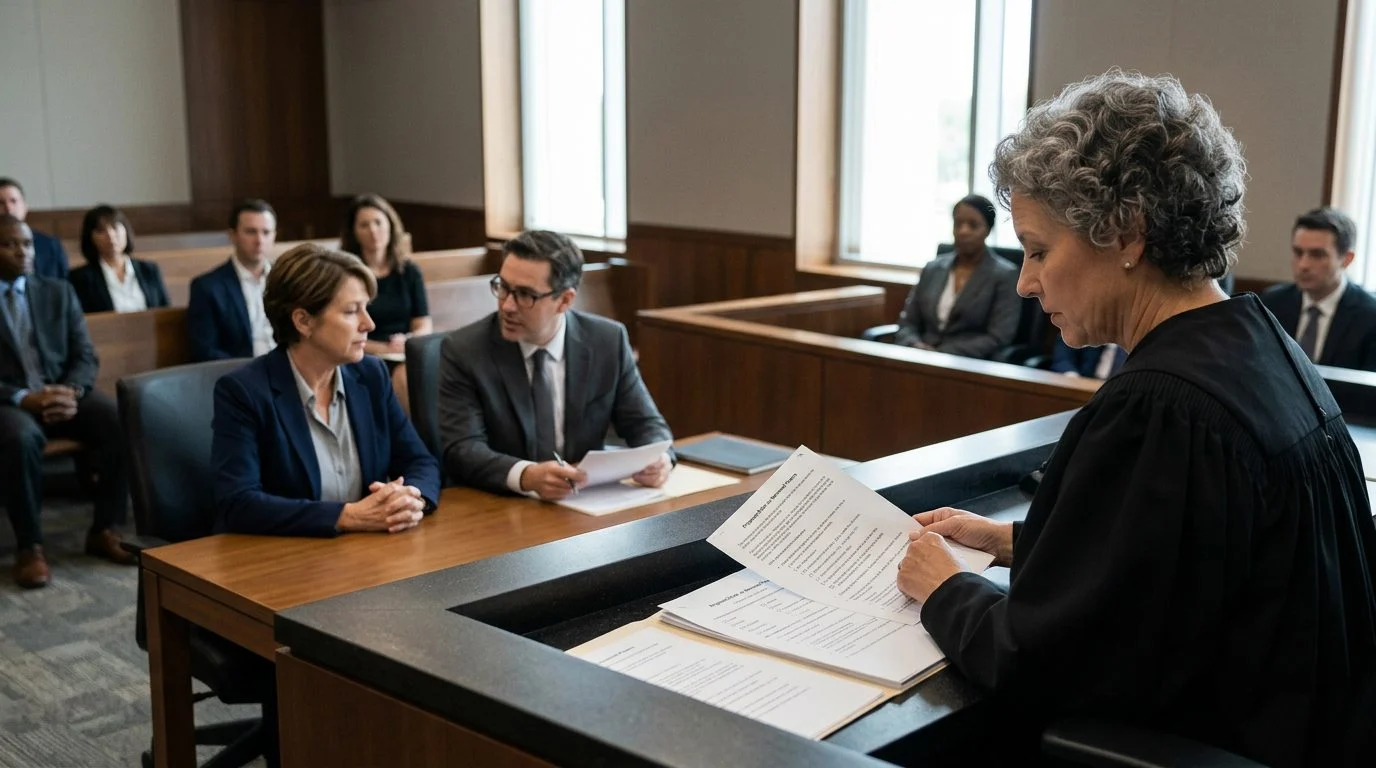 Judge reviewing limited guardianship scope documents at courtroom bench with defendant and legal counsel present.
