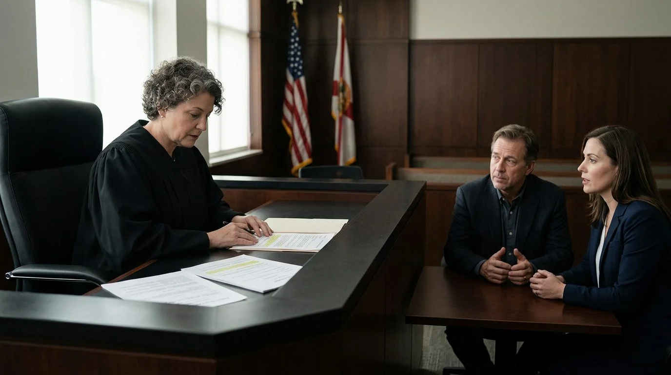 Judge reviewing limited guardianship scope documents at courtroom bench with defendant and legal counsel present.