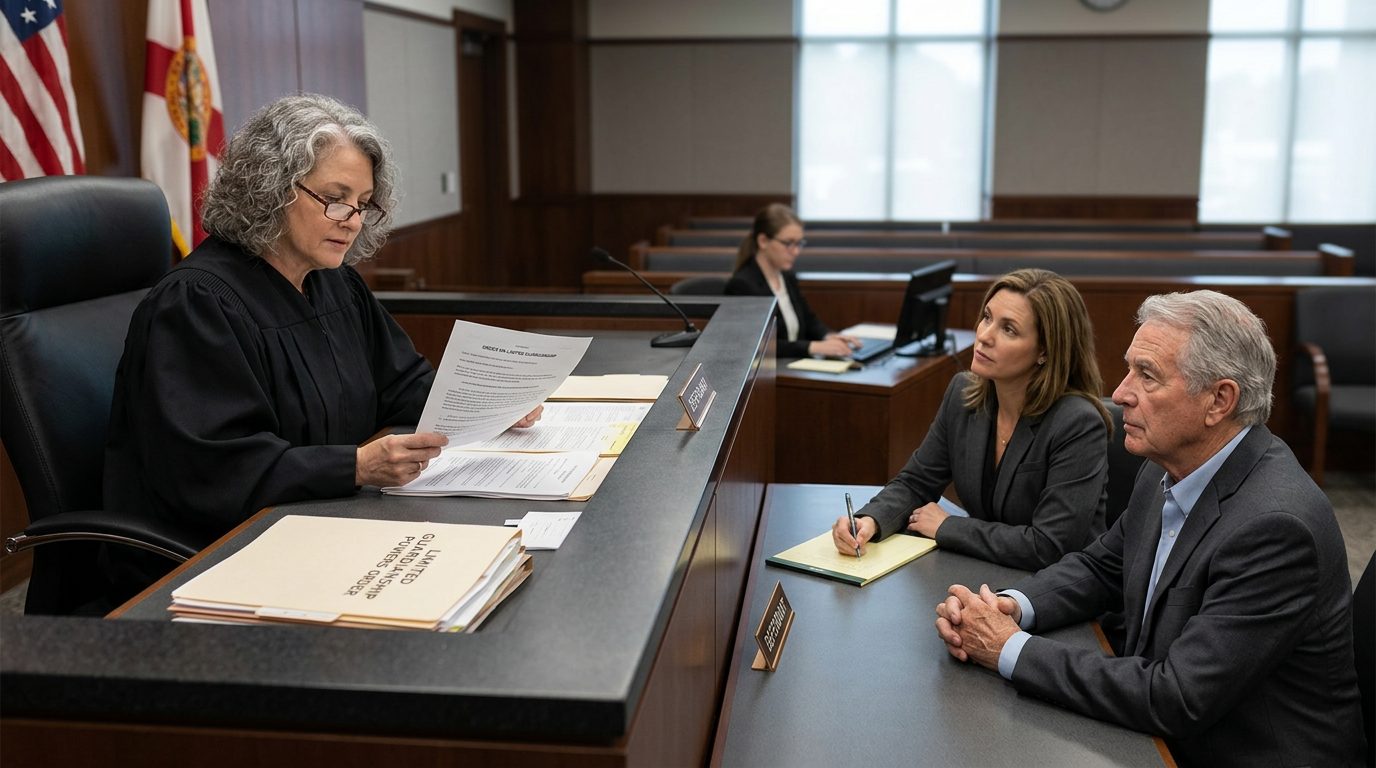 Judge reviewing limited guardianship scope documents at courtroom bench with defendant and legal counsel present.