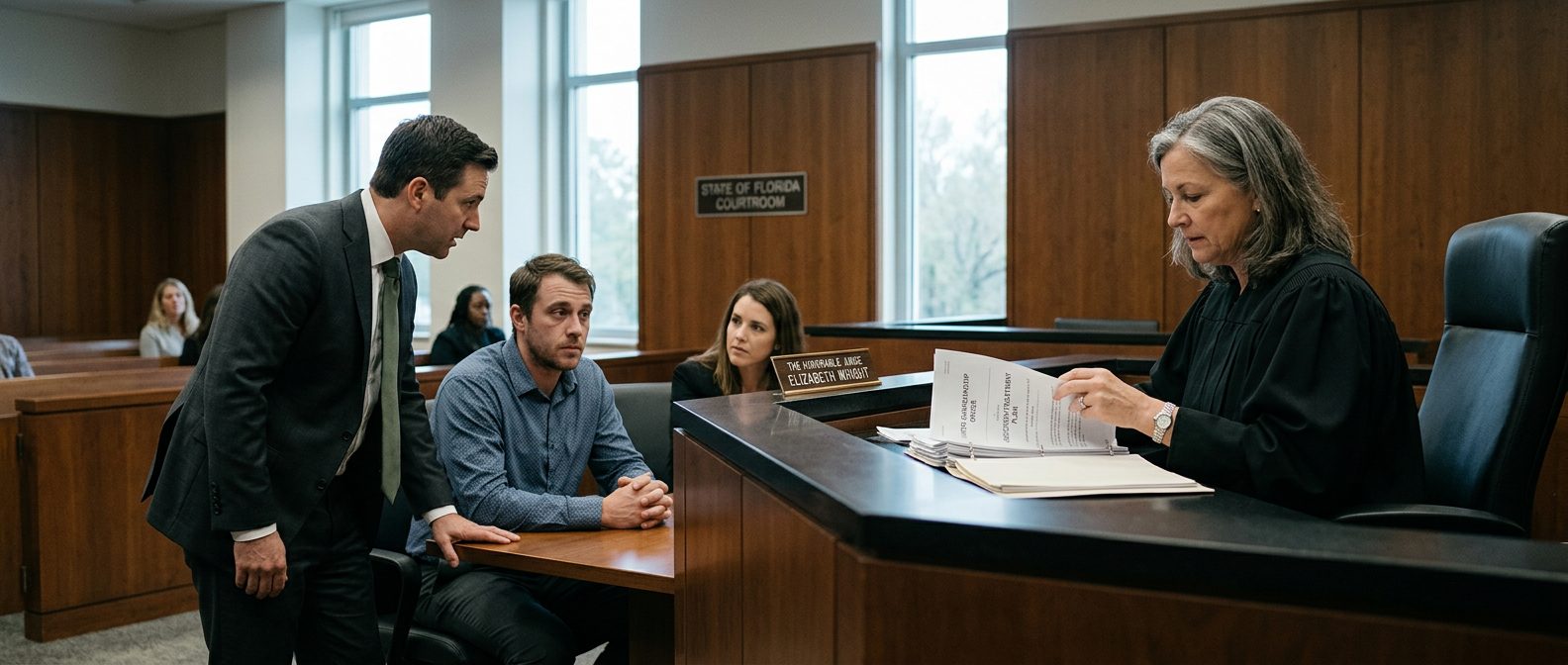 Judge reviewing limited guardianship scope documents during addiction treatment hearing in Florida courtroom.