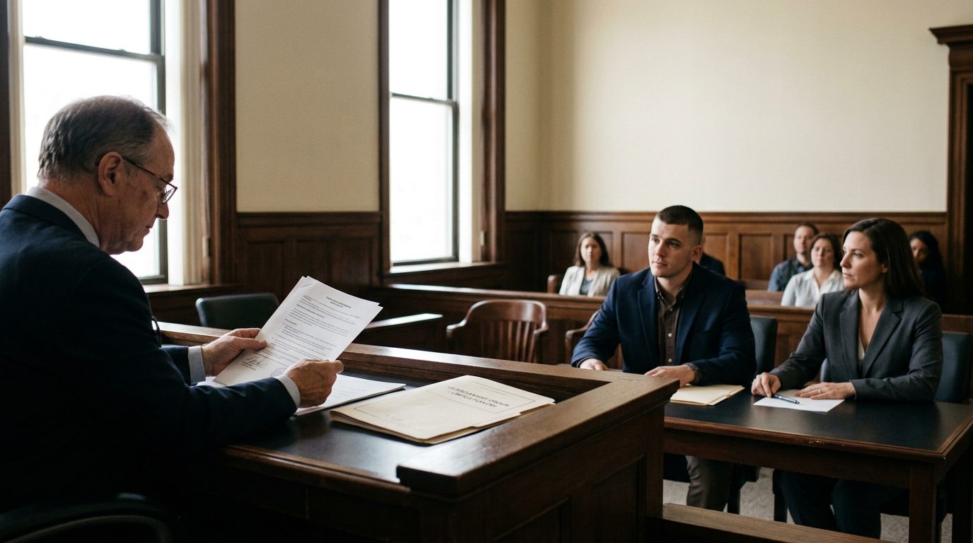 Judge reviewing limited guardianship scope documents during addiction case hearing with defendant and legal counsel present.