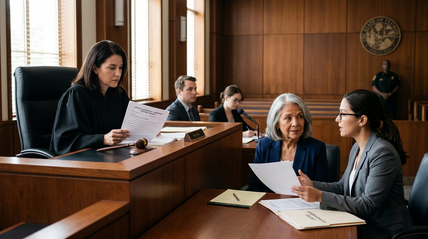 Judge reviewing limited guardianship scope documents during Florida court hearing.