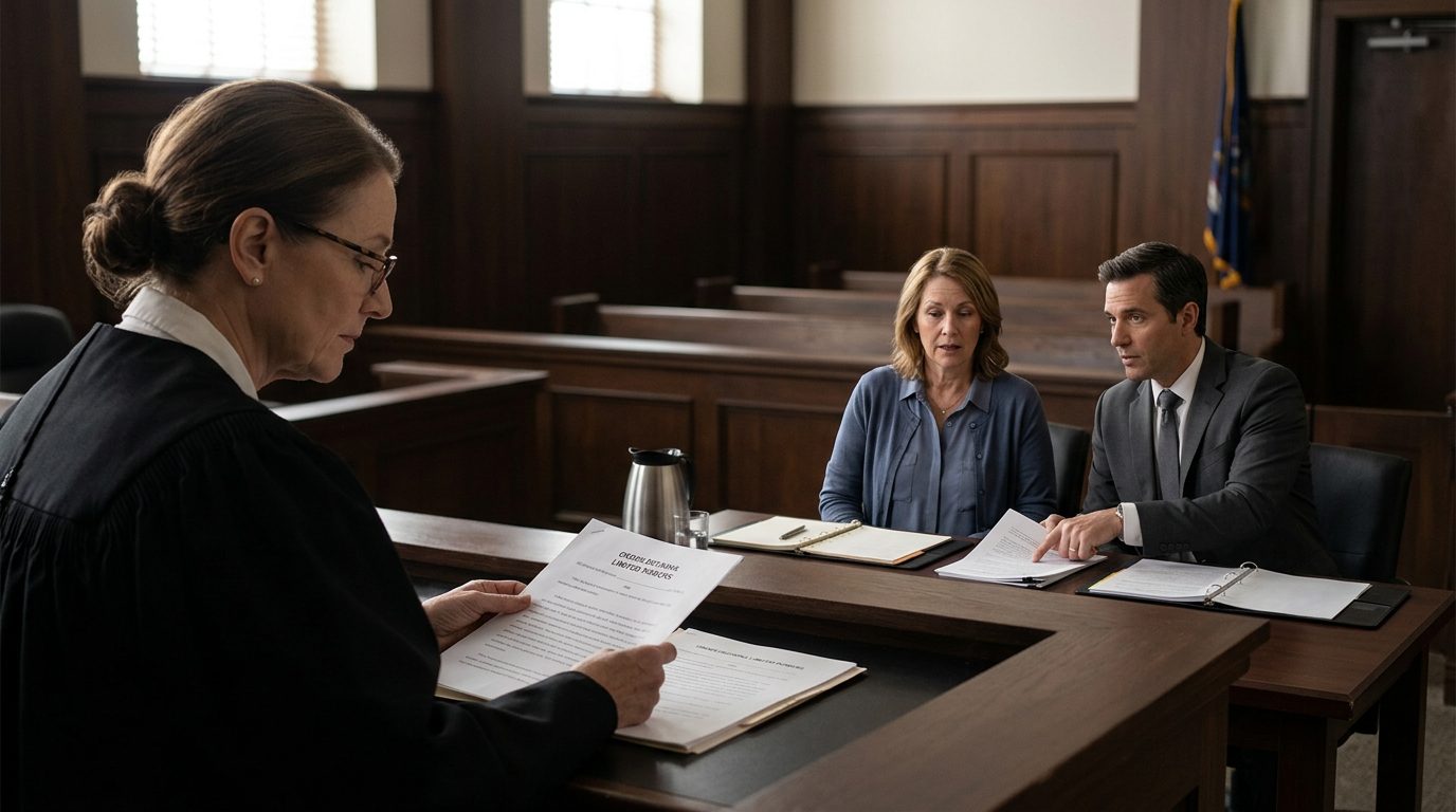 Judge reviewing limited guardianship scope documents in courtroom with defendant and legal counsel present.