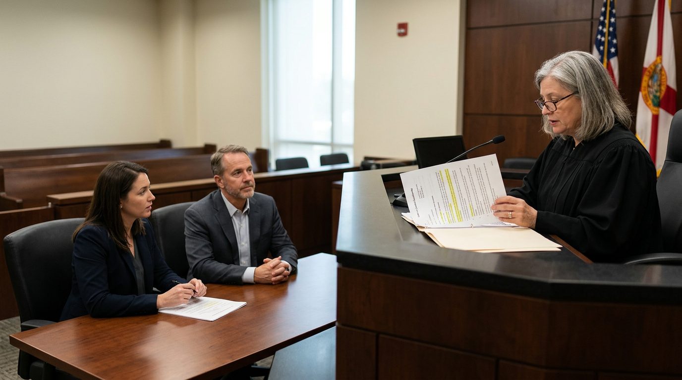 Judge reviewing limited guardianship scope documents in Florida courtroom with defendant and legal counsel present.