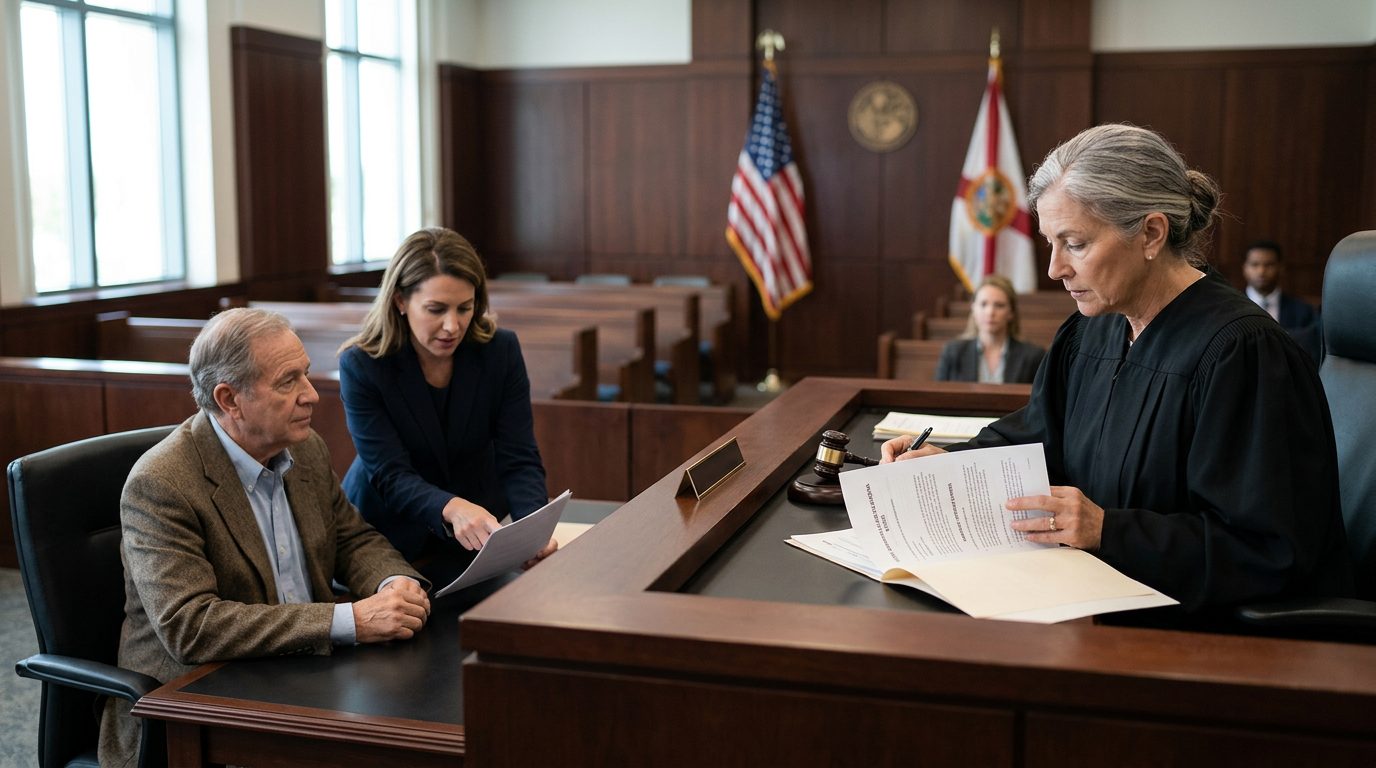 Judge reviewing limited guardianship scope documents in Miami Dade courtroom with legal counsel present.