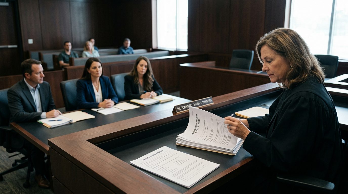 Judge reviewing limited guardianship scope documents with defendant and legal counsel present in Florida courtroom.